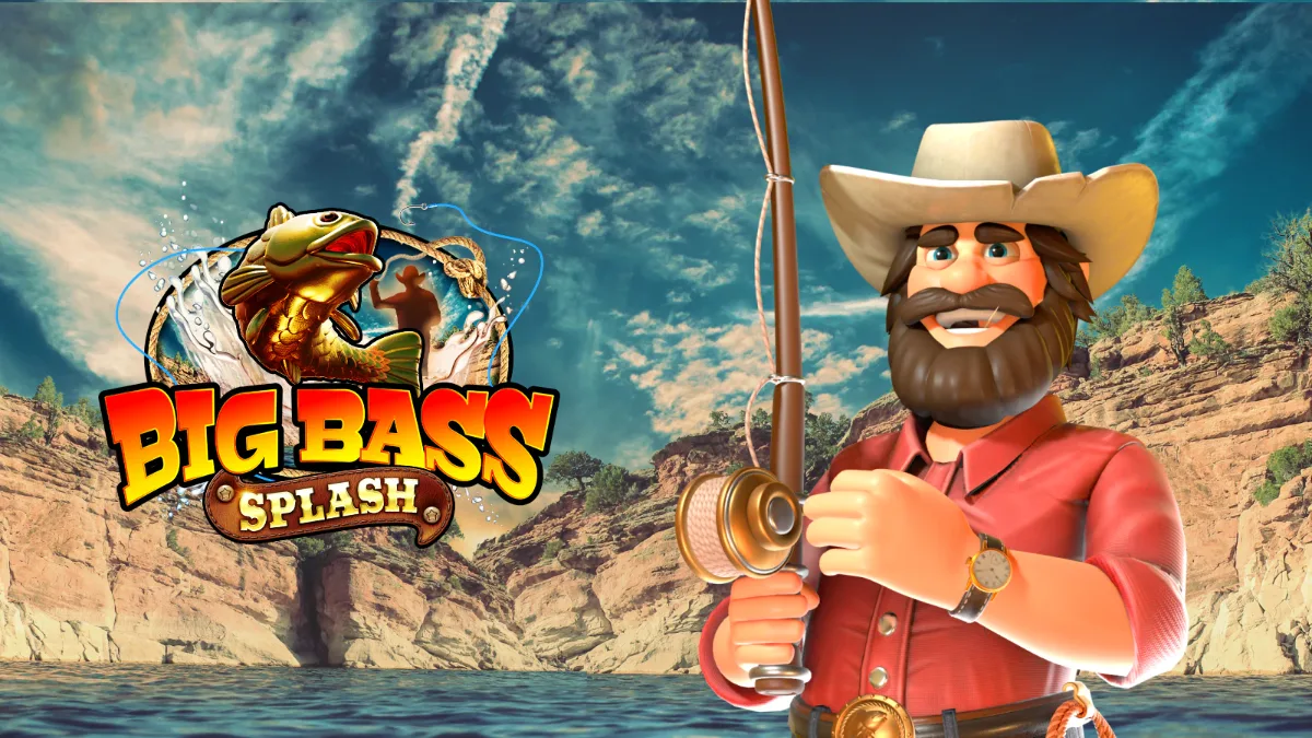 A fisherman in a cowboy hat holding his rod beside a canyon lake, next to the Big Bass Splash logo